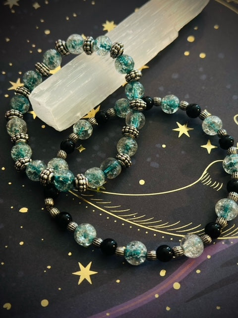 Black Onix and Blue crystalized bead Bracelet set